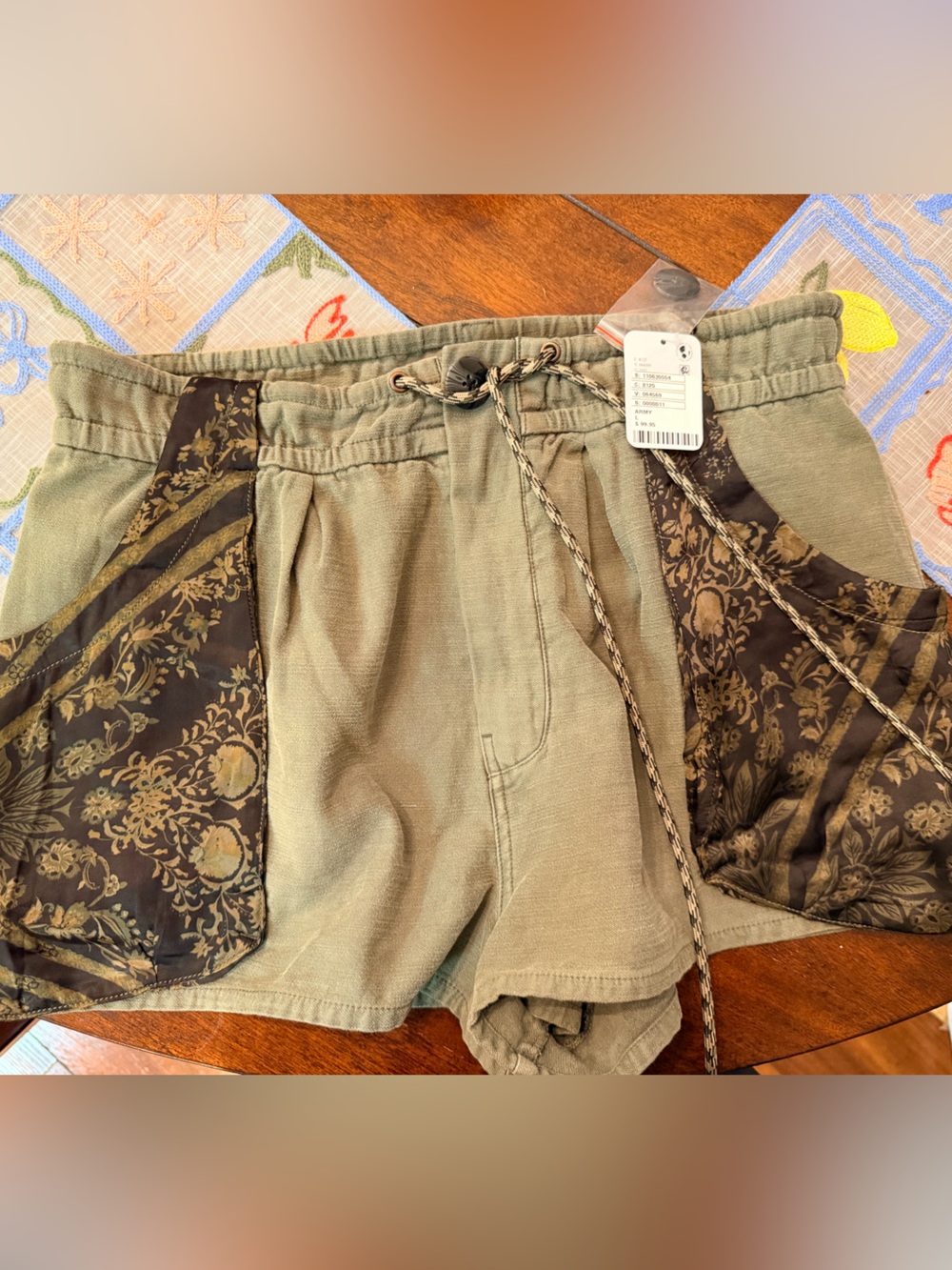 Free People Olive Green Shorts with Brown Floral Panels